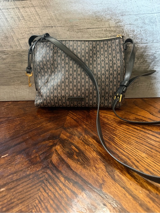 Fossil Handbags - Fossil black & brown monogram logo adjustable strap key charm crossbody purse